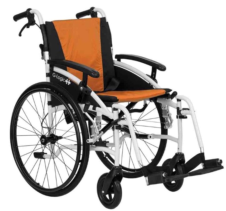 Excel G-Logic Lightweight Self Propelled Wheelchair White Frame and Orange Upholstery 20'' Wide Seat